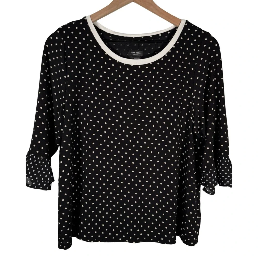 Kate‎ Spade New York Black Polka Dot Ruffle Sleeve Top Small